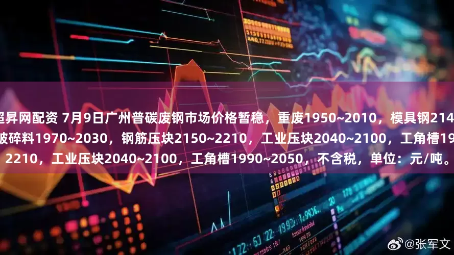 超昇网配资 7月9日广州普碳废钢市场价格暂稳，重废1950~2010，模具钢2140~2210，中废1880~1940，二级破碎料1970~2030，钢筋压块2150~2210，工业压块2040~2100，工角槽1990~2050，不含税，单位：元/吨。